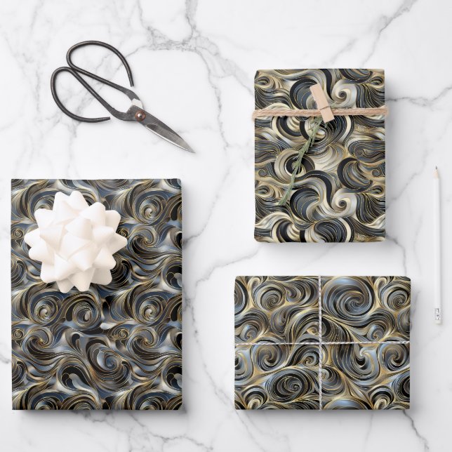 Luxurious Swirling Metallic Pattern in Gold Wrapping Paper Sheet (Front)
