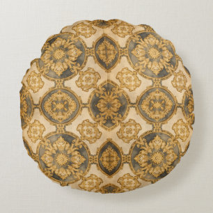 Luxurious Tapestry Pattern, Gold Black Beigi Round Cushion
