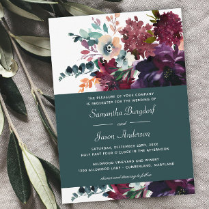 Luxurious Teal Burgundy Watercolor Floral Wedding Invitation