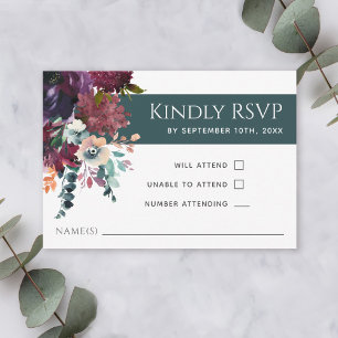 Luxurious Teal Elegant Floral Wedding RSVP Card