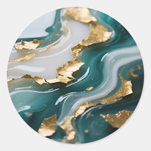 Luxurious Teal Gold Leaf Fluid Marble Classic Round Sticker