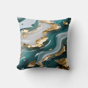 Luxurious Teal Gold Leaf Fluid Marble  Cushion