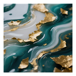 Luxurious Teal Gold Leaf Fluid Marble Poster
