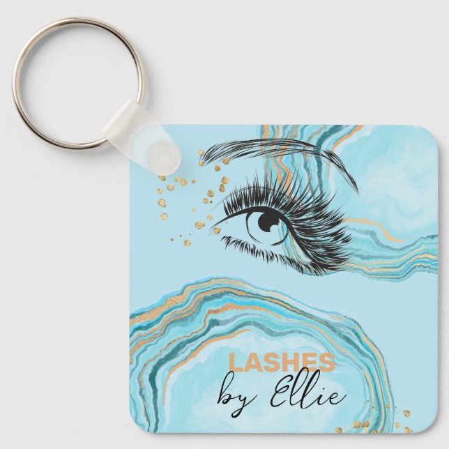 Luxurious Teal Gold Marble Lash Extension Qr Code Key Ring (Front)