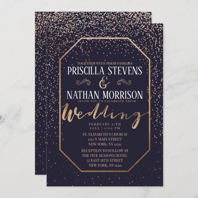 Luxurious Trendy Gold Confetti Navy Blue Wedding Invitation (Front/Back)