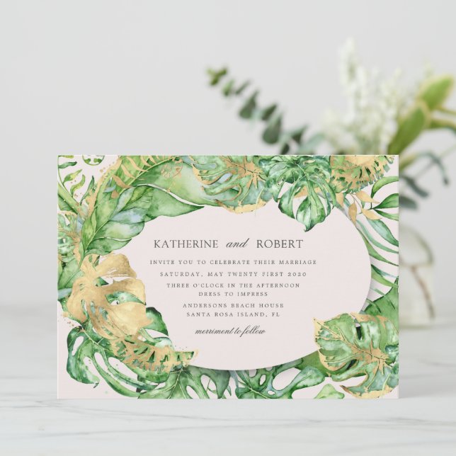 Luxurious Tropical Golden Foliage Wedding Invitation (Standing Front)