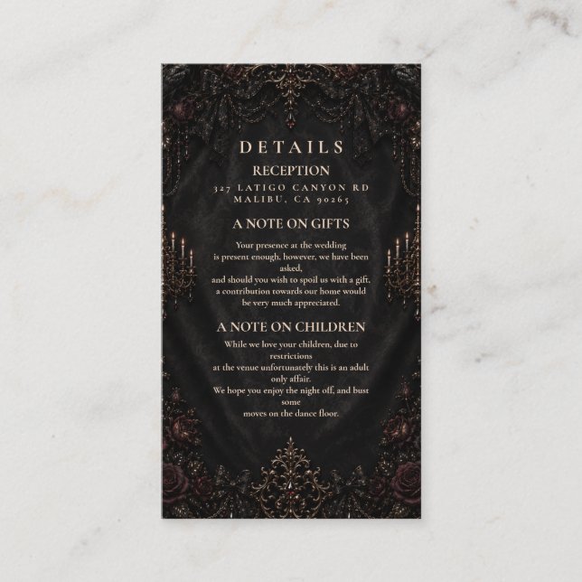 Luxurious Victorian Goth Wedding Enclosure Card (Front)