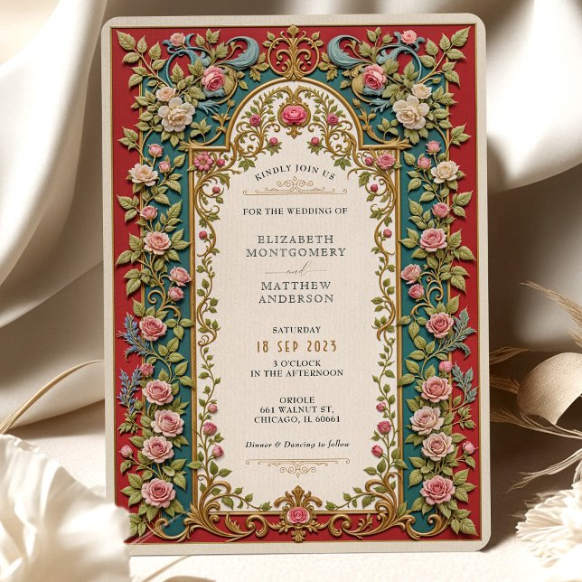 Luxurious Victorian Wedding Pink Roses Ornate Invitation (Creator Uploaded)