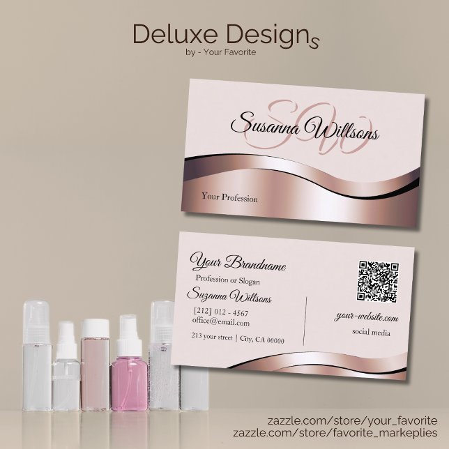 Luxurious Waved Rose Gold Decor Initials QR Code Business Card (Creator Uploaded)
