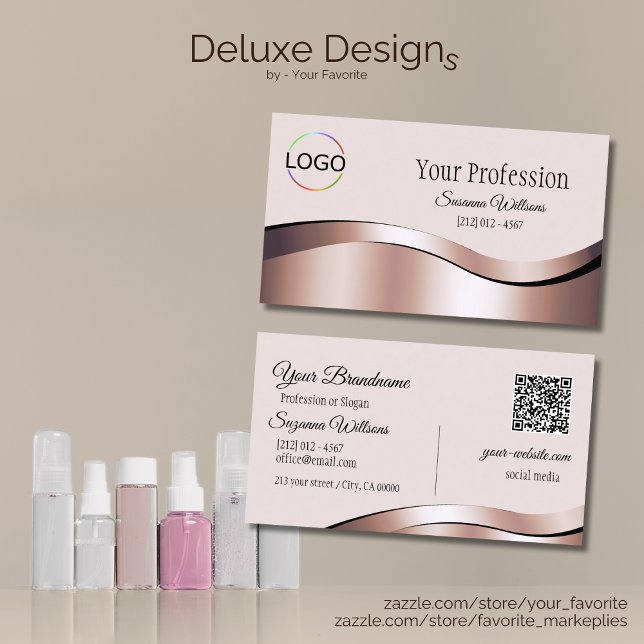Luxurious Waved Rose Gold Decor Logo and QR Code Business Card (Creator Uploaded)