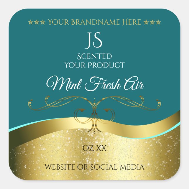 Luxurious Wavy Gold Decor Dark Teal Monogram Label (Front)