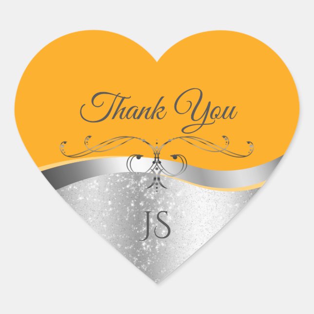 Luxurious Wavy Silver Decor on Orange Thank You Heart Sticker (Front)