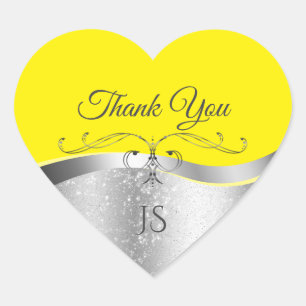Luxurious Wavy Silver Decor on Yellow Thank You Heart Sticker