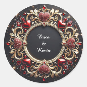 Luxurious Wedding Gold Frame With Red Hearts Classic Round Sticker