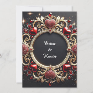 Luxurious Wedding Gold Frame With Red Hearts Thank You Card