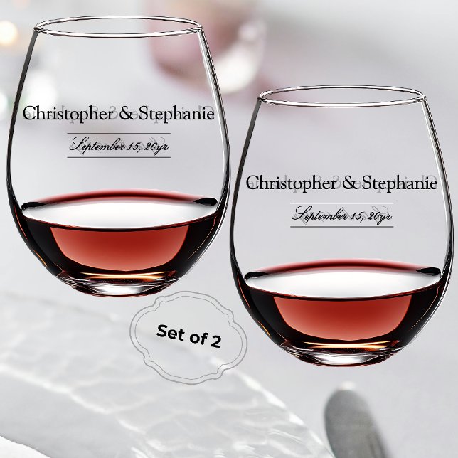 Luxurious Wedding Reception Toast Custom Name Date Stemless Wine Glass (Personalizable Names Date Modern Typography Newspaper Wedding Stemless Glasses)