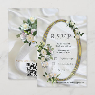 Luxurious, White, Flowing Silk & Gold Roses. RSVP Card
