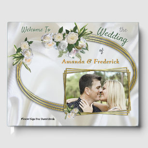 Luxurious, White, Flowing Silk & White Roses. Guest Book