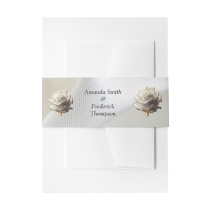 Luxurious, White, Flowing Silk & White Roses. Invitation Belly Band