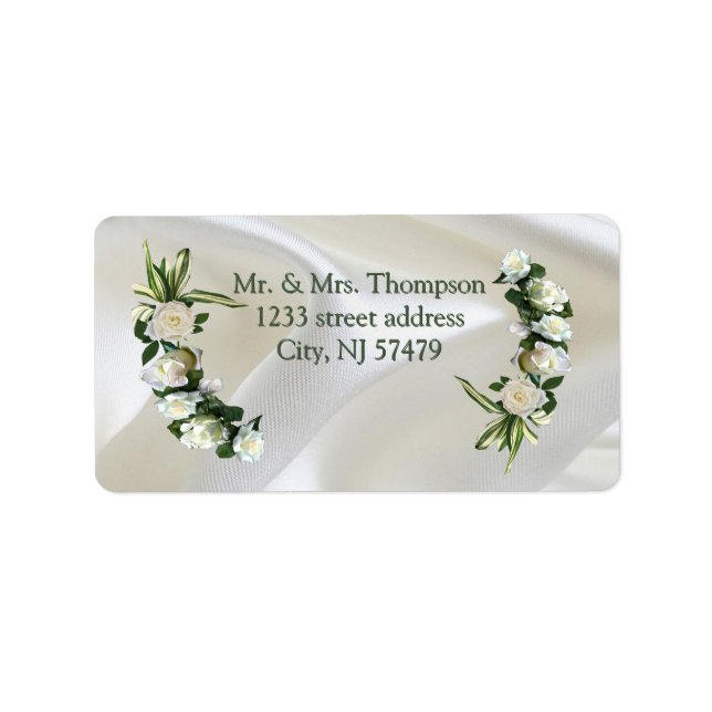 Luxurious, White, Flowing Silk & White Roses. Label (Front)