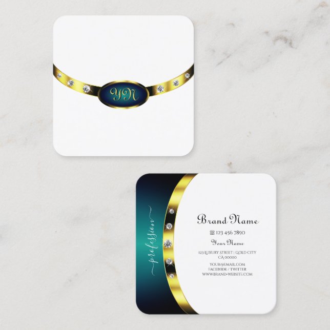 Luxurious White Gold Blue Teal Gradient Monogram  Square Business Card (Front/Back)