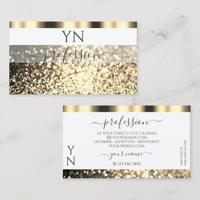 Luxurious White Gold Sparkling Glitter Monogram Business Card (Front/Back)