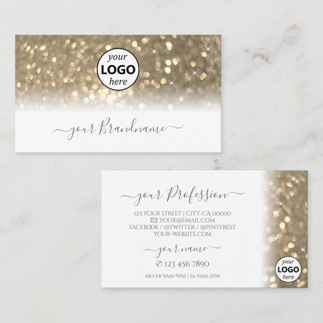 Luxurious White Gold Sparkling Glitter with Logo Business Card (Front/Back)