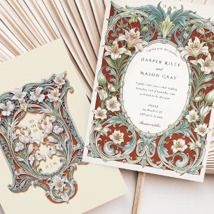 Luxurious White Lilies Art Nouveau Wedding Invitation