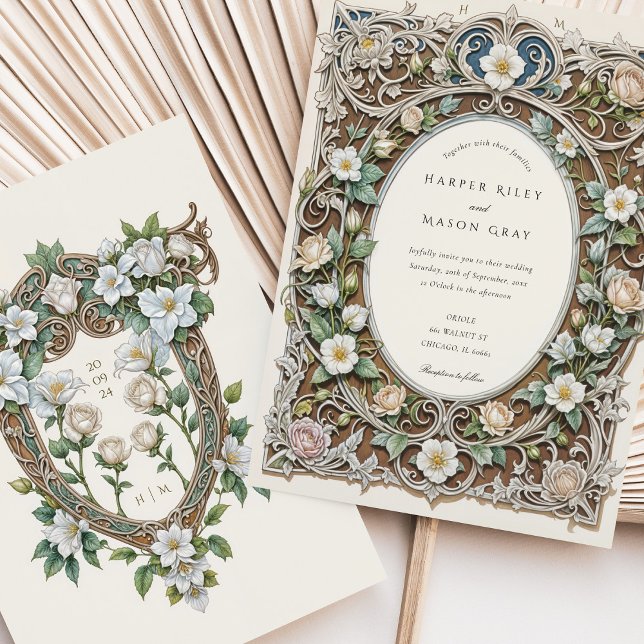 Luxurious White Roses Art Nouveau Wedding Invitation (Creator Uploaded)