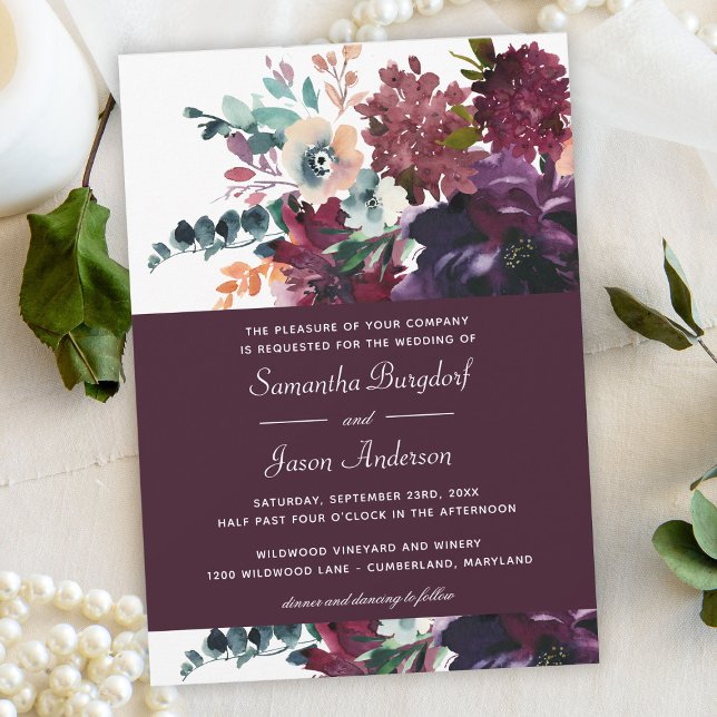 Luxurious Wine Elegant Watercolor Floral Wedding Invitation (Creator Uploaded)