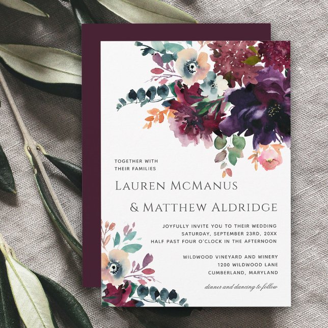 Luxurious Wine Elegant Watercolor Floral Wedding Invitation (Creator Uploaded)