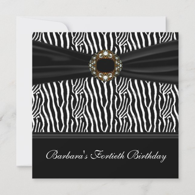 Luxurious Zebra Jewel Womans 40th Birthday Party Invitation (Front)