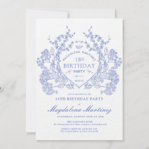 LUXURY 18st Birthday Vintage Blue Floral Crest Invitation