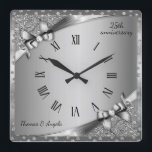 Luxury 25th Anniversary Metallic Silver & Diamond  Square Wall Clock<br><div class="desc">Luxury 25th Anniversary Metallic Silver & Diamond Square Wall Clock.</div>