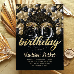 Luxury 30th Birthday Black Gold Balloon Glitter Invitation