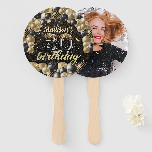 Luxury 30th Birthday Black Gold Photo Hand Fan (Front and Back)