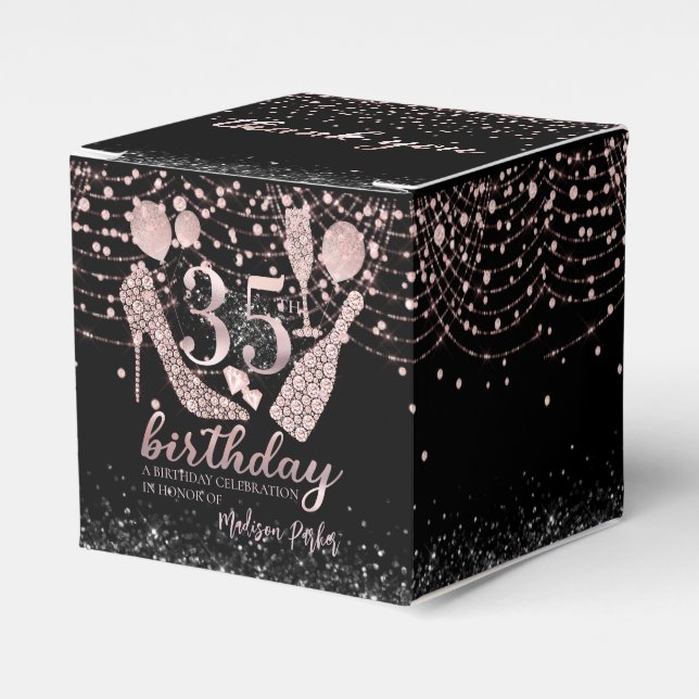 Luxury 35th Birthday Pink Black Glitter Thank you Favour Box (Front Side)