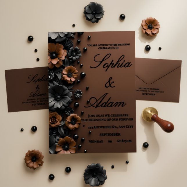Luxury 3D Floral Bronze & Black Wedding Invitation (Creator Uploaded)
