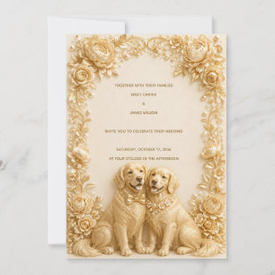 Luxury 3D Gold Golden Retriever Wedding Invitation