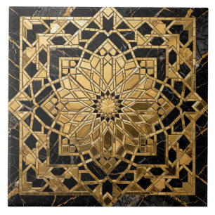 Luxury 3D Gold Leaf Black Marble Moroccan Zellij Ceramic Tile