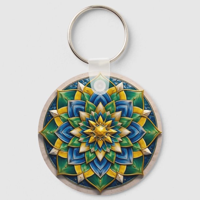 Luxury 3D Mandala Keychain - Geometric Gold & Gree (Front)
