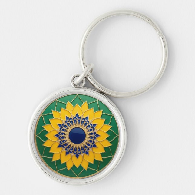 Luxury 3D Solar Mandala Keychain - Gold & Emerald (Front)