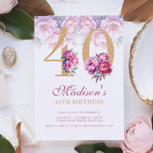 Luxury 40th Birthday Floral Pink Gold Glitter Invitation