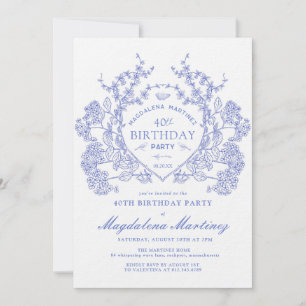 LUXURY 40th Birthday Vintage Blue Floral Crest Invitation