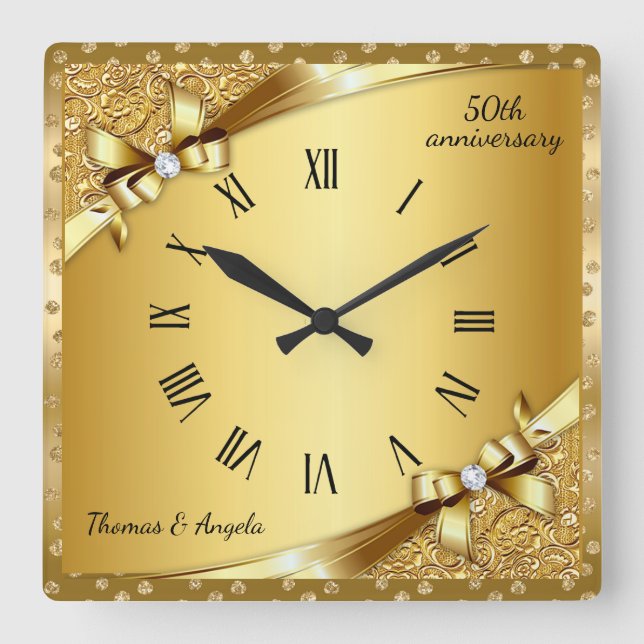 Luxury 50th Anniversary Metallic Gold and Diamond  Square Wall Clock (Front)