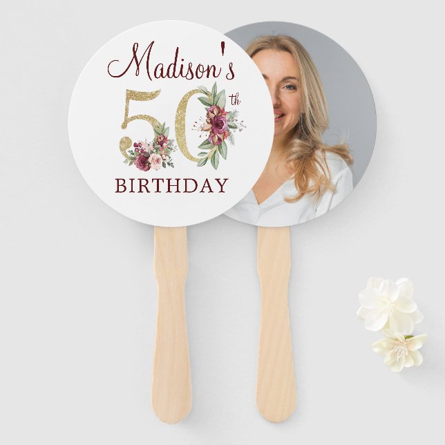 Luxury 50th Birthday Photo Hand Fan (Front and Back)