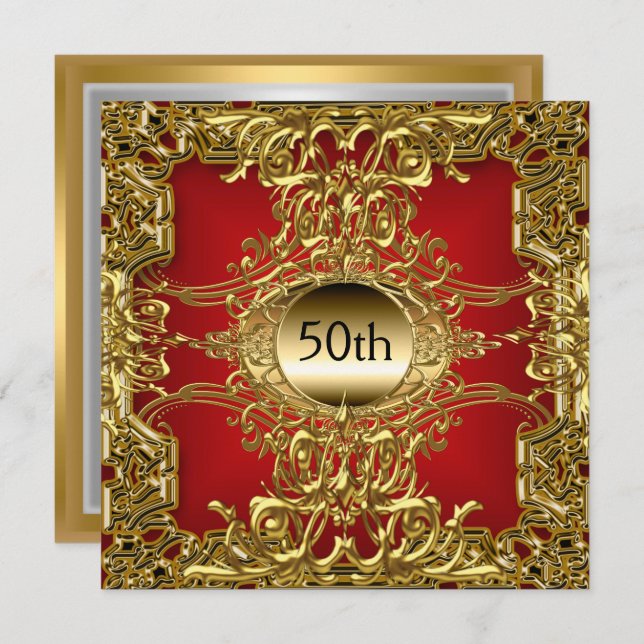 Luxury 50th Gold Red Birthday Party Gold Red Invitation (Front/Back)