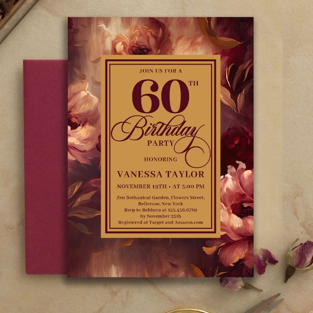Luxury 60 Birthday Burgundy Blush Gold Watercolor Invitation (Luxury 60th Birthday Burgundy Blush Gold Watercolor Invite)