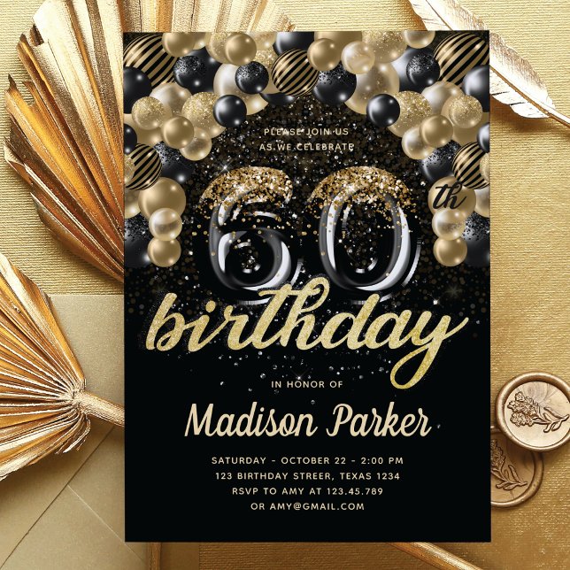 Luxury 60th Birthday Black Gold Balloon Glitter Invitation (Creator Uploaded)