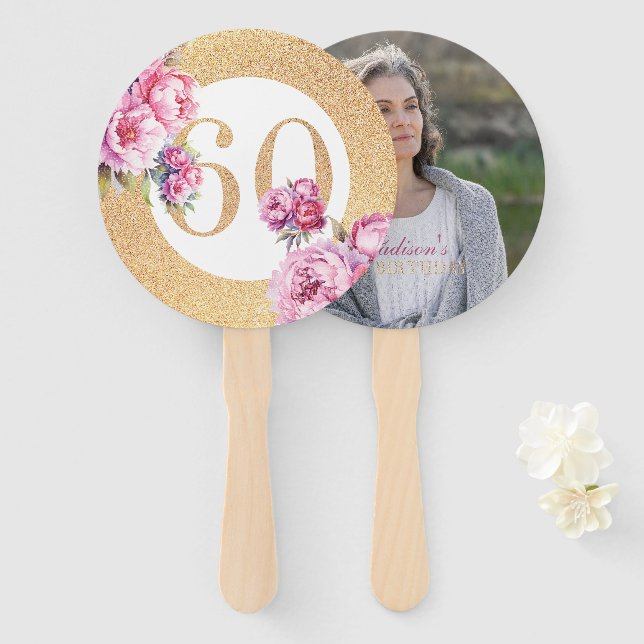 Luxury 60th Birthday Custom Photo Glitter Hand Fan (Front and Back)